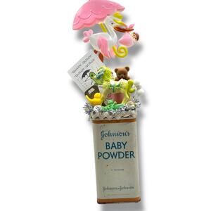 Vintage Johnsons Baby Powder Tin Assemblage Baby Shower Nursery Decor